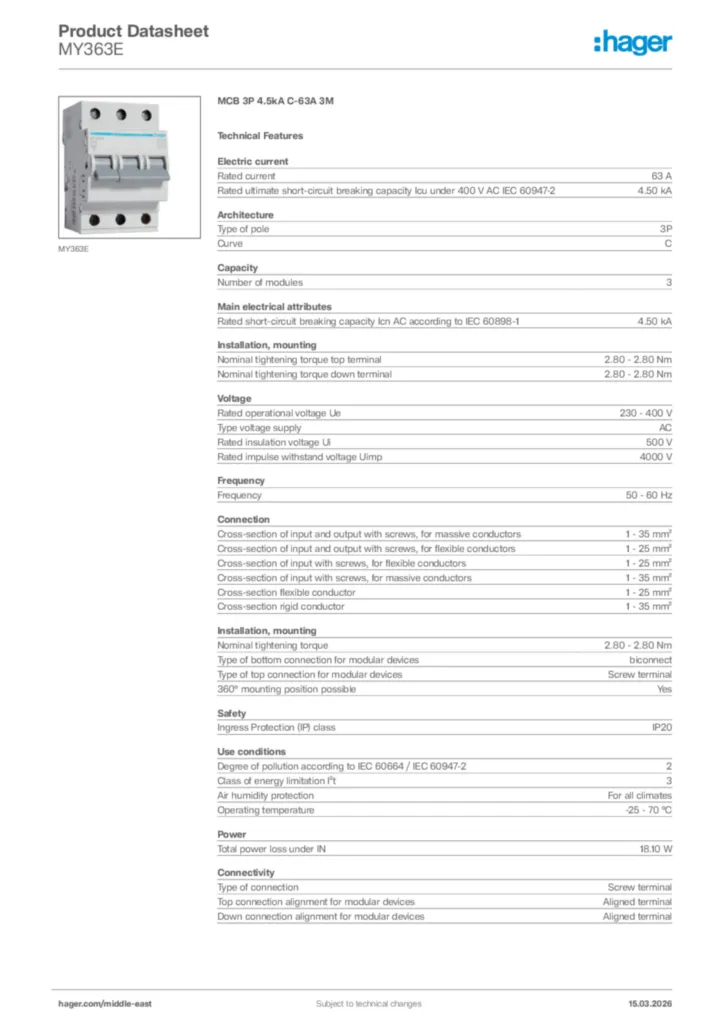 Image Hager Product data sheet MY363E  | Hager