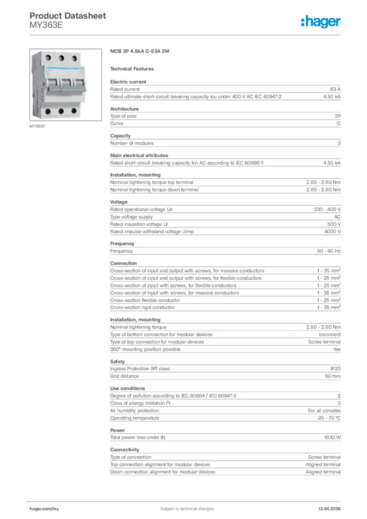 Image Hager Product data sheet MY363E  | Hager