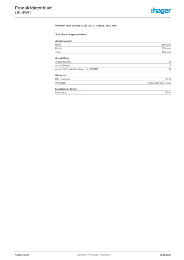 Bild Hager Produktdatenblatt UF51W0 | Hager Deutschland