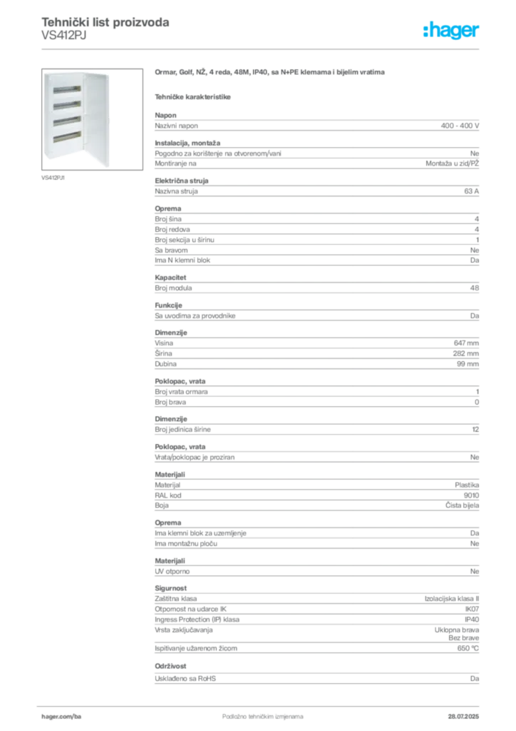 Slika Hager Product data sheet VS412PJ  | Hager