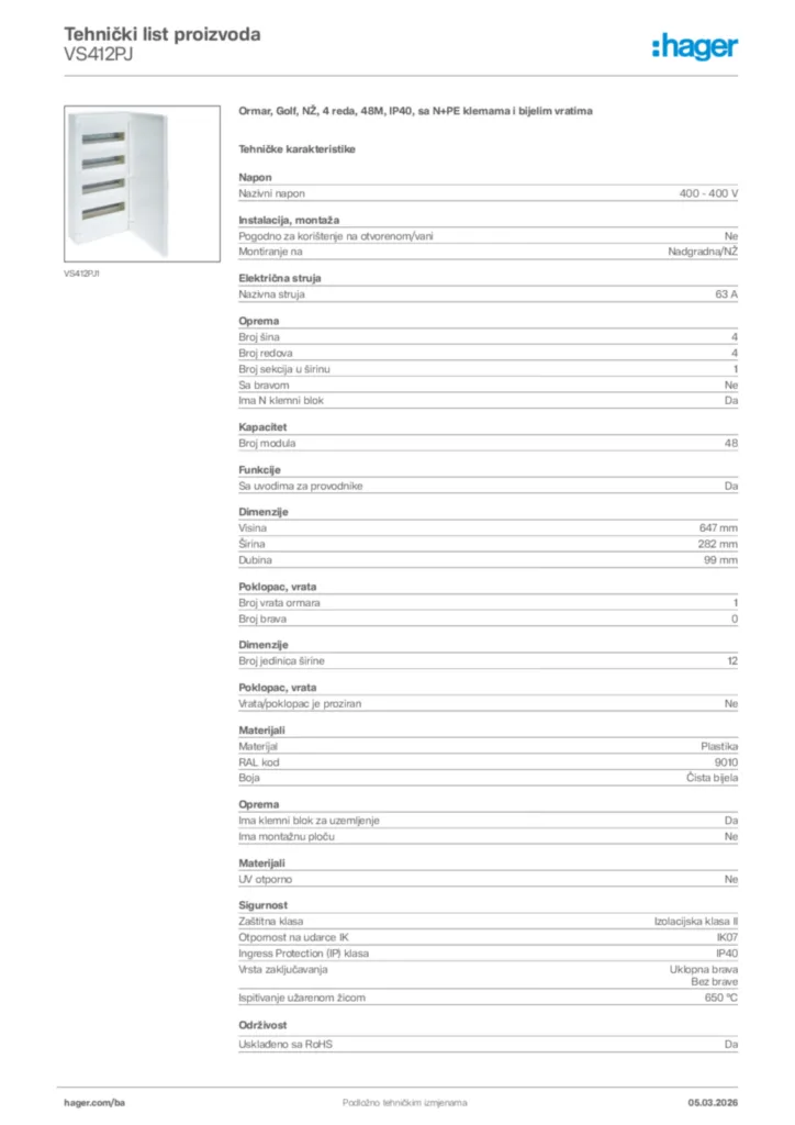 Slika Hager Tehnički list proizvoda VS412PJ  | Hager