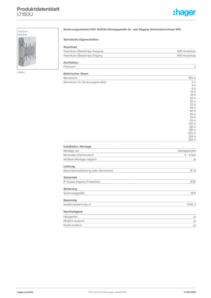 Hager Produktdatenblatt LT150U
