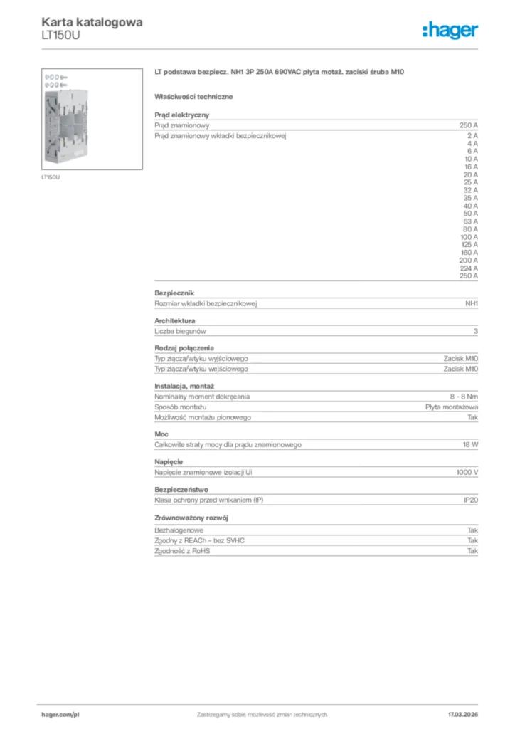 Zdjęcie Hager Karta katalogowa LT150U | Hager Polska