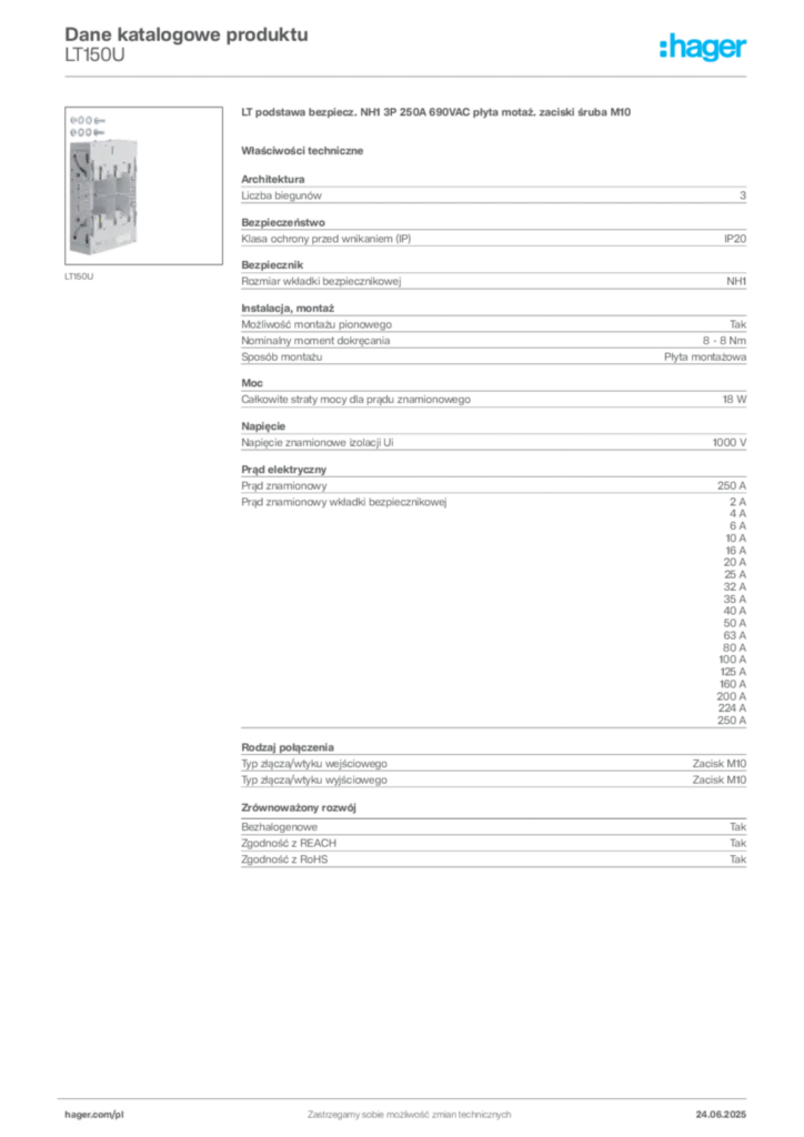 Zdjęcie Hager Karta katalogowa LT150U | Hager Polska