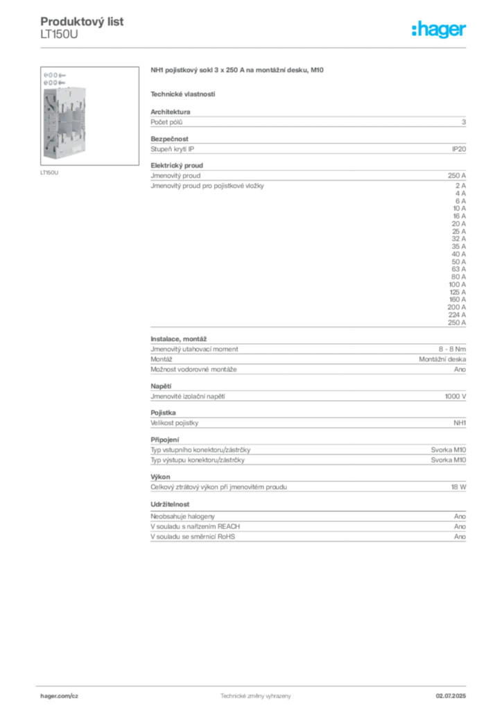 Obrázek Hager Produktový list LT150U | Hager