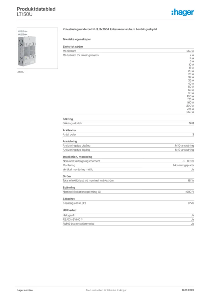 Bild Hager Produktdatablad LT150U | Hager Sverige