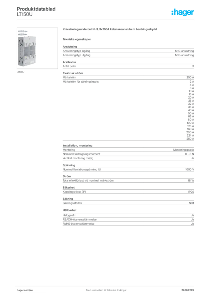 Bild Hager Produktdatablad LT150U | Hager Sverige