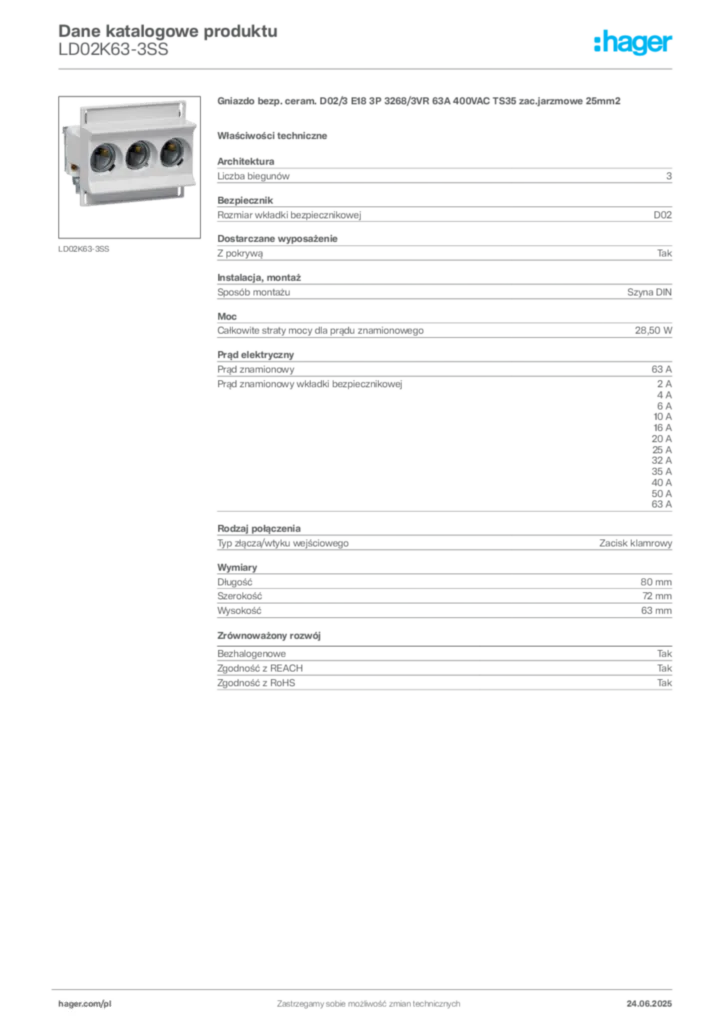 Zdjęcie Hager Karta katalogowa LD02K63-3SS | Hager Polska