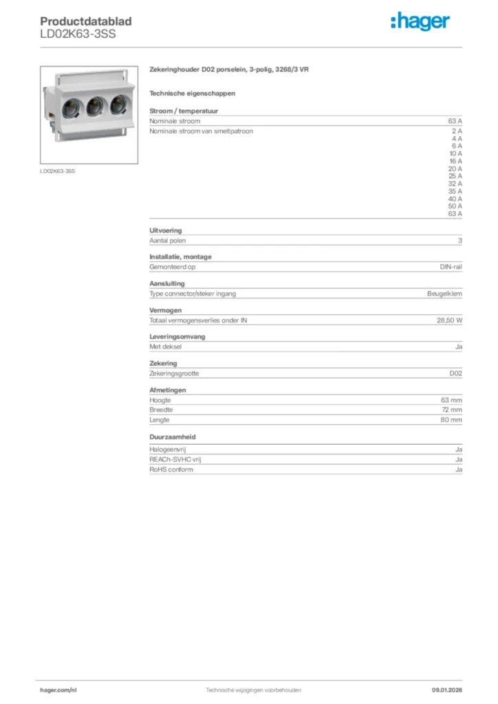 Afbeelding Hager Productdatablad LD02K63-3SS | Hager Nederland