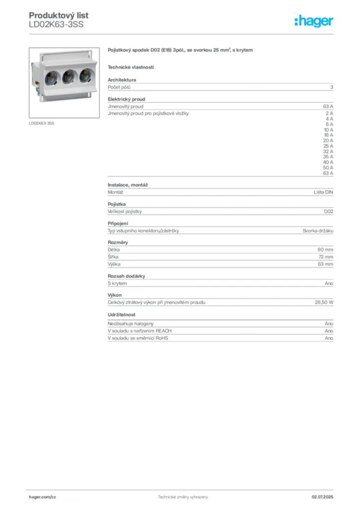 Obrázek Hager Produktový list LD02K63-3SS | Hager