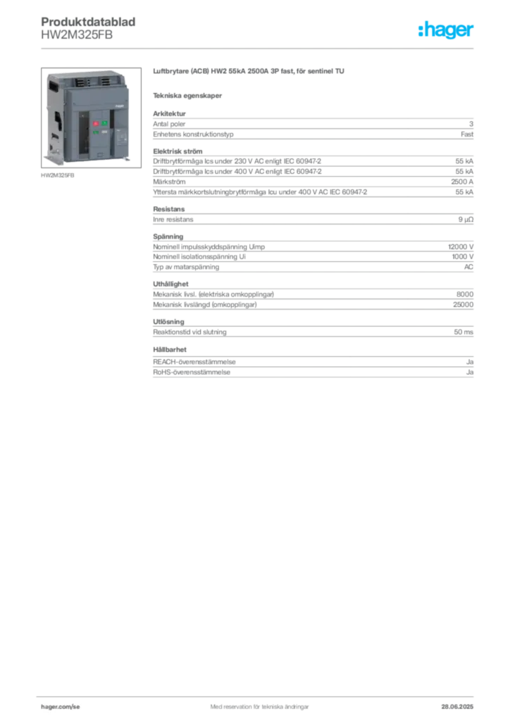 Bild Hager Produktdatablad HW2M325FB | Hager Sverige
