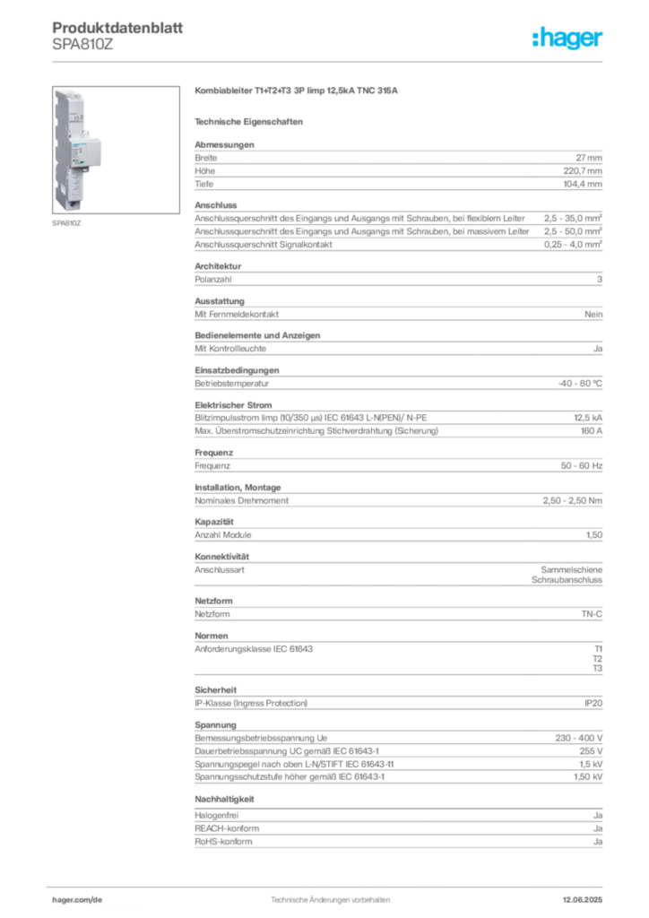 Bild Hager Produktdatenblatt SPA810Z | Hager Deutschland