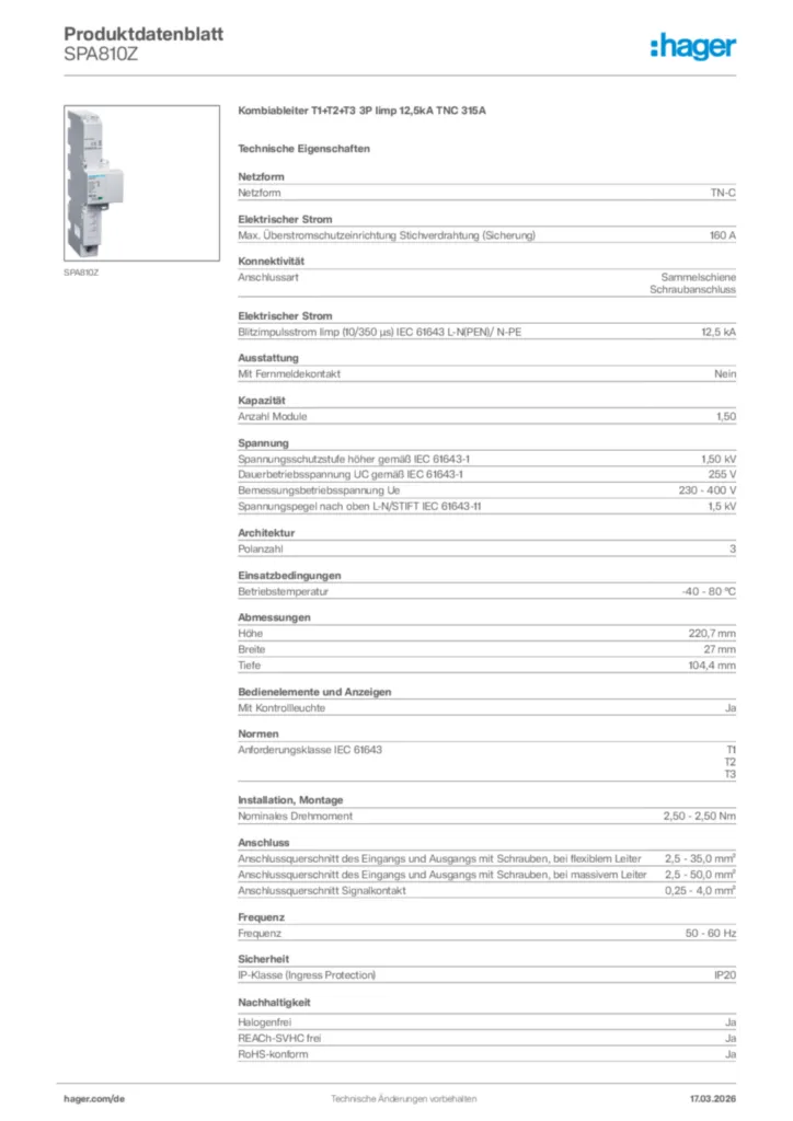 Bild Hager Produktdatenblatt SPA810Z | Hager Deutschland