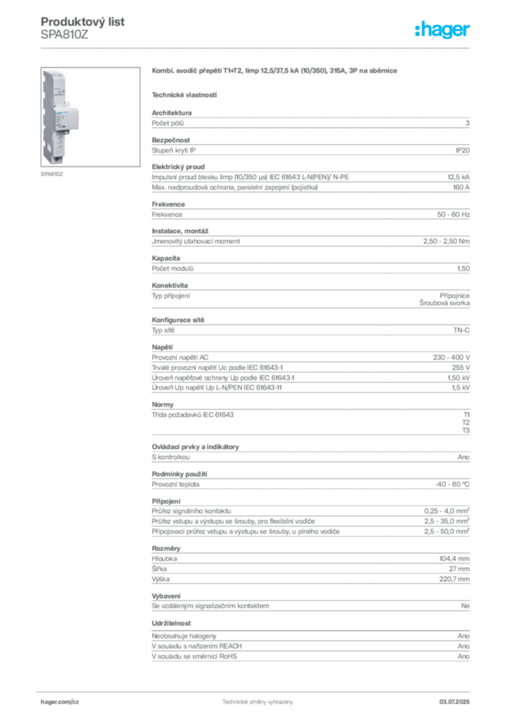 Obrázek Hager Produktový list SPA810Z | Hager