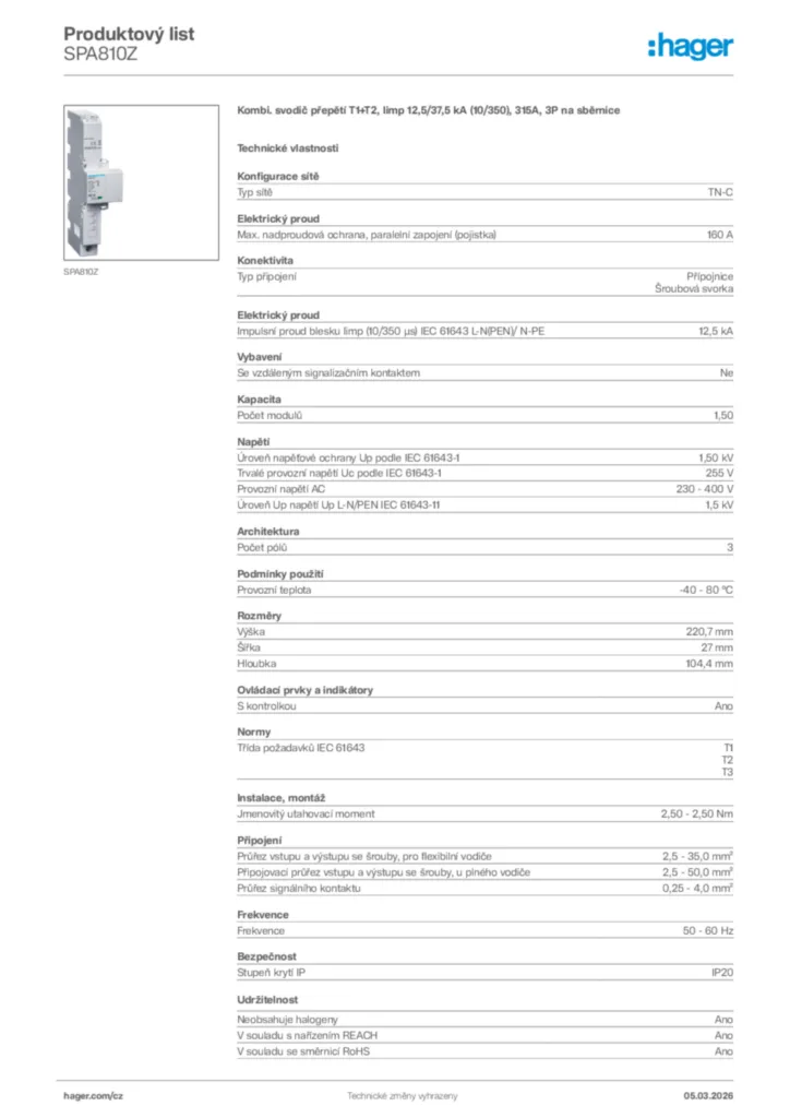Obrázek Hager Product data sheet SPA810Z | Hager