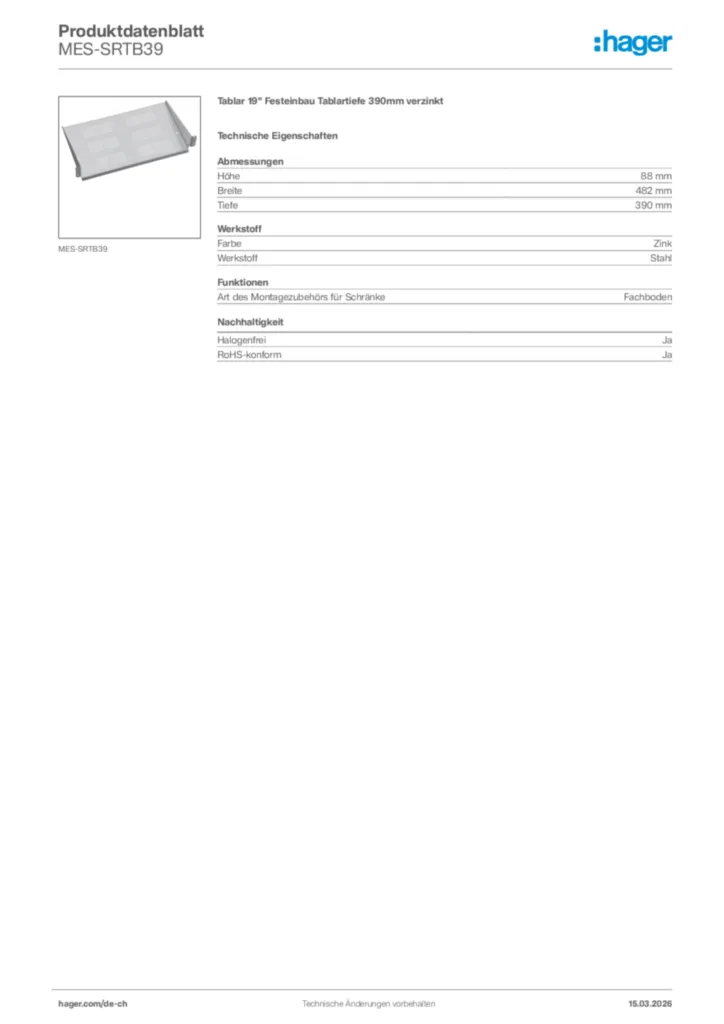 Bild Hager Produktdatenblatt MES-SRTB39 | Hager Schweiz