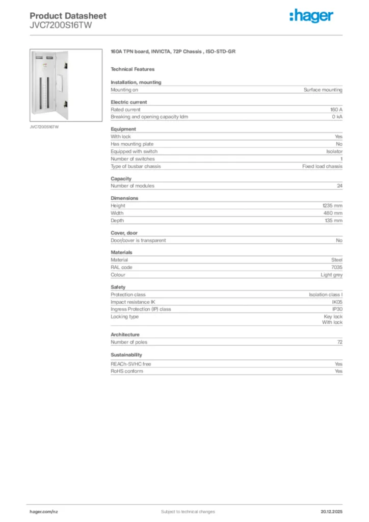 Image Hager Product data sheet JVC7200S16TW  | Hager New Zealand