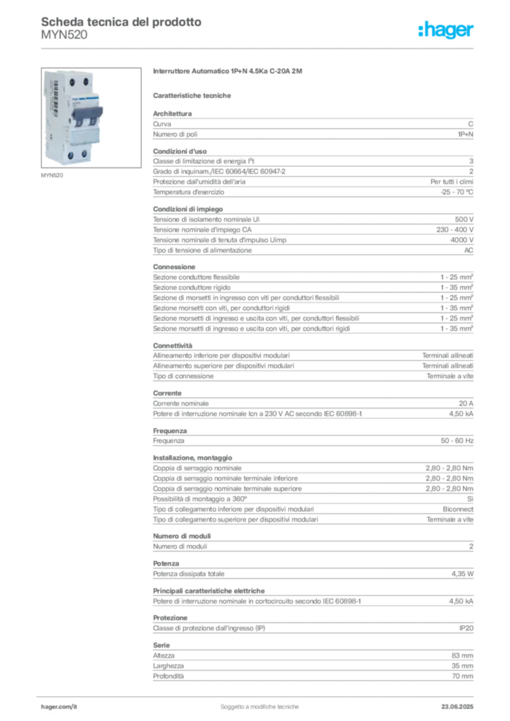 Immagine Hager Scheda tecnica del prodotto MYN520 | Hager Italia