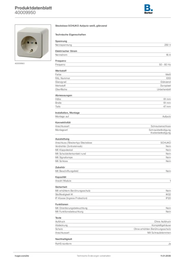 Bild Berker Produktdatenblatt 40009950 | Hager Deutschland