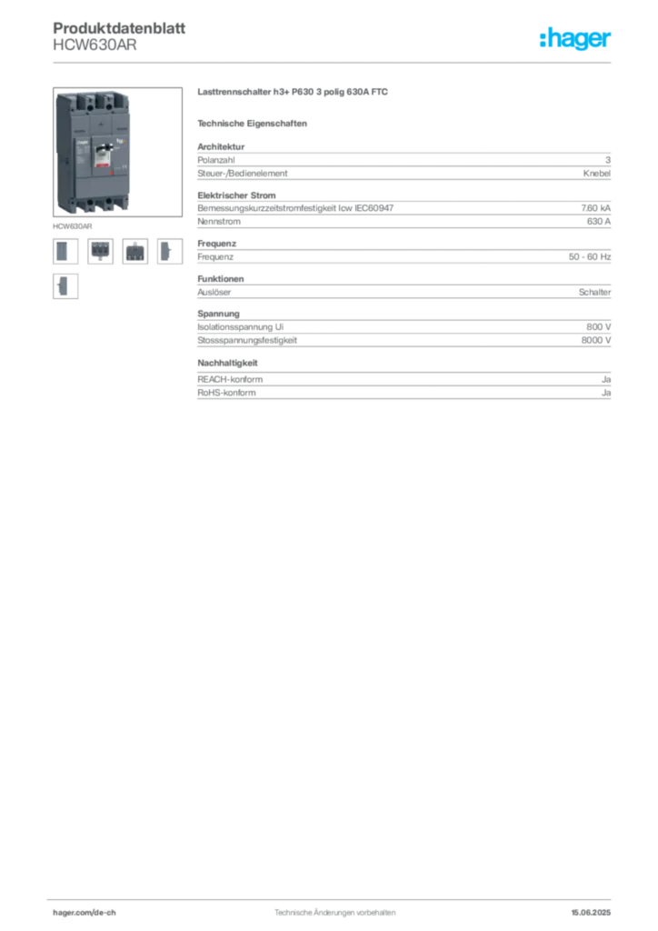 Bild Hager Produktdatenblatt HCW630AR | Hager Schweiz
