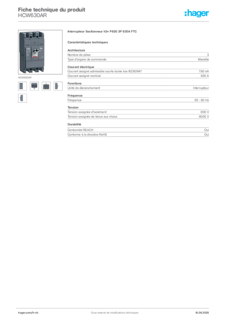 Image Hager Fiche technique du produit HCW630AR | Hager Suisse