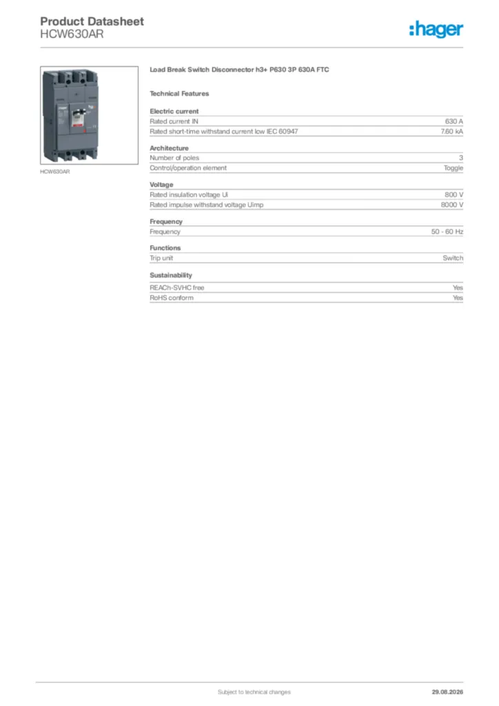 Image Hager Product data sheet HCW630AR  | Hager Africa