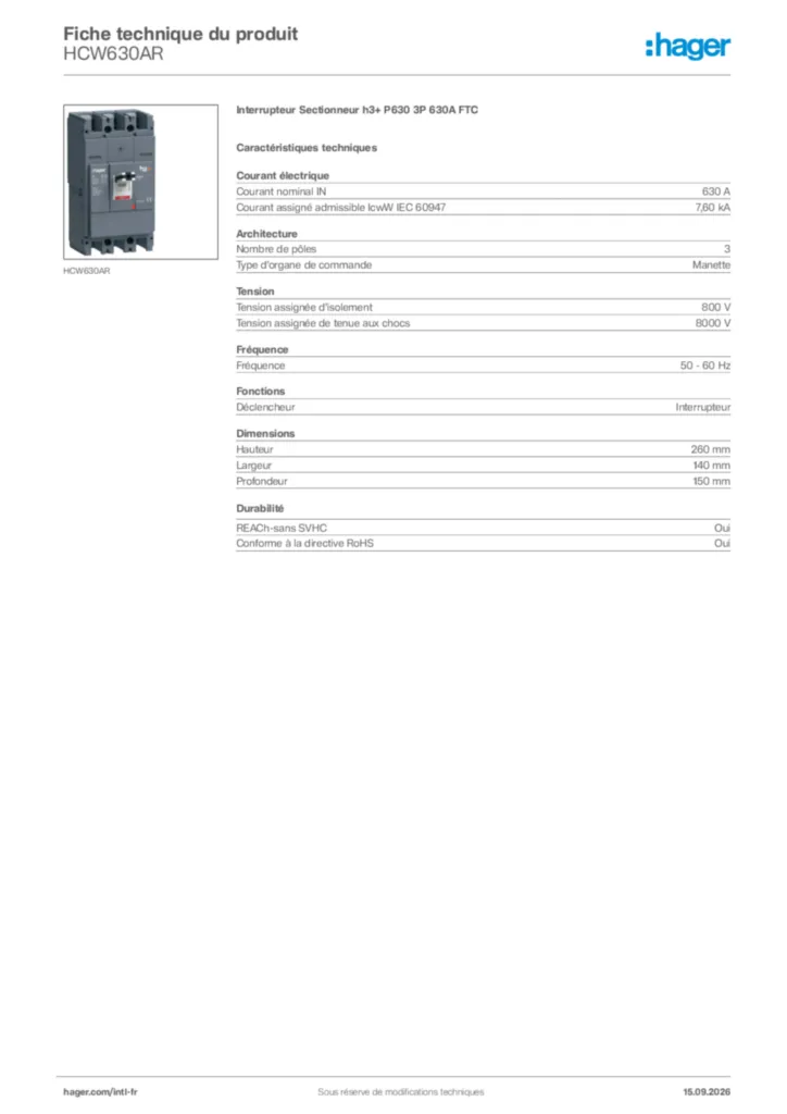 Image Hager Fiche technique du produit HCW630AR | Hager Afrique