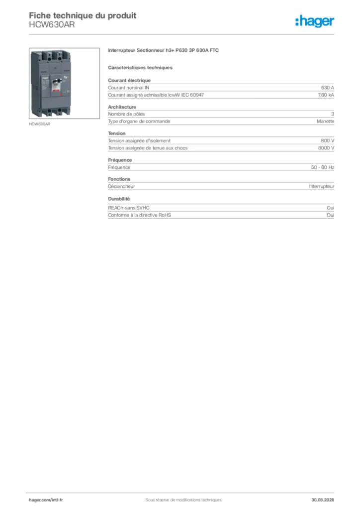 Image Hager Fiche technique du produit HCW630AR | Hager Afrique