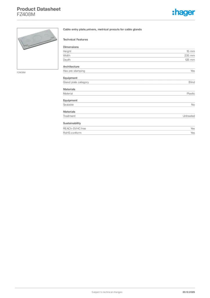 Image Hager Product data sheet FZ408M  | Hager Africa