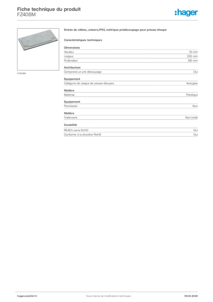 Image Hager Fiche technique du produit FZ408M | Hager Afrique