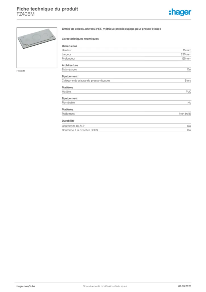 Image Hager Fiche technique du produit FZ408M | Hager Belgique
