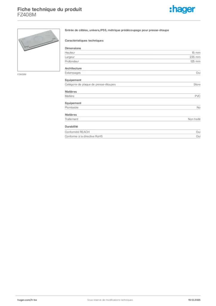 Image Hager Fiche technique du produit FZ408M | Hager Belgique