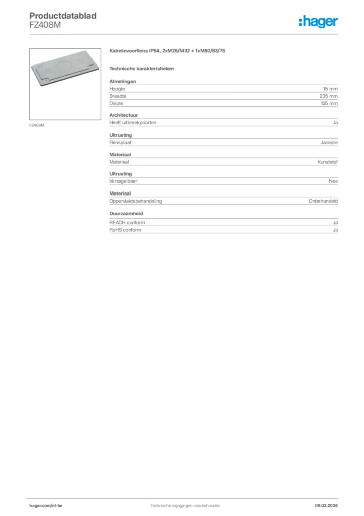 Afbeelding Hager Productdatablad FZ408M | Hager Belgium