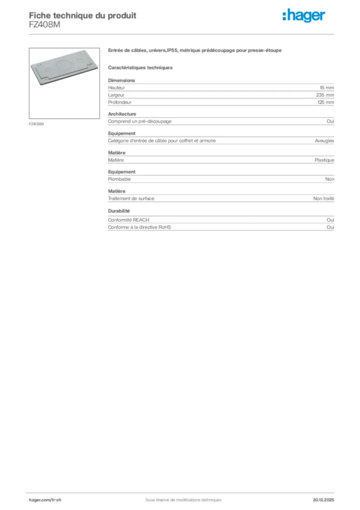 Image Hager Fiche technique du produit FZ408M | Hager Suisse