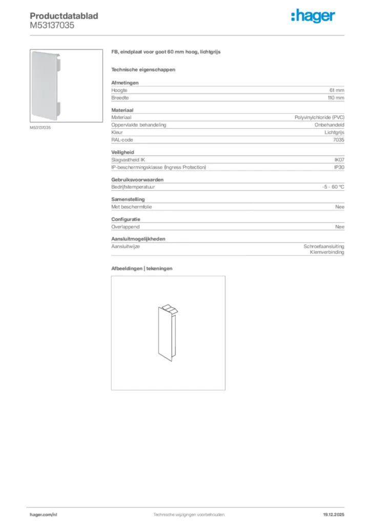 Afbeelding Hager Productdatablad M53137035 | Hager Nederland