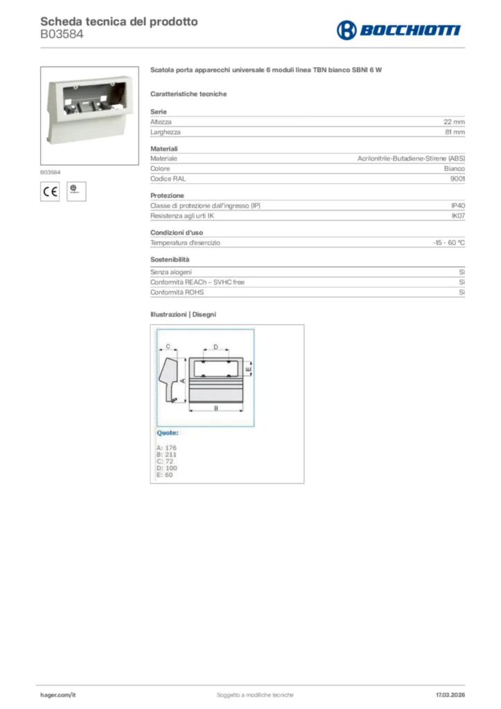 Immagine Bocchiotti Scheda tecnica del prodotto B03584 | Hager Italia