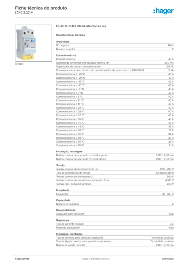 Imagem Hager Ficha técnica do produto CFC140F | Hager Portugal