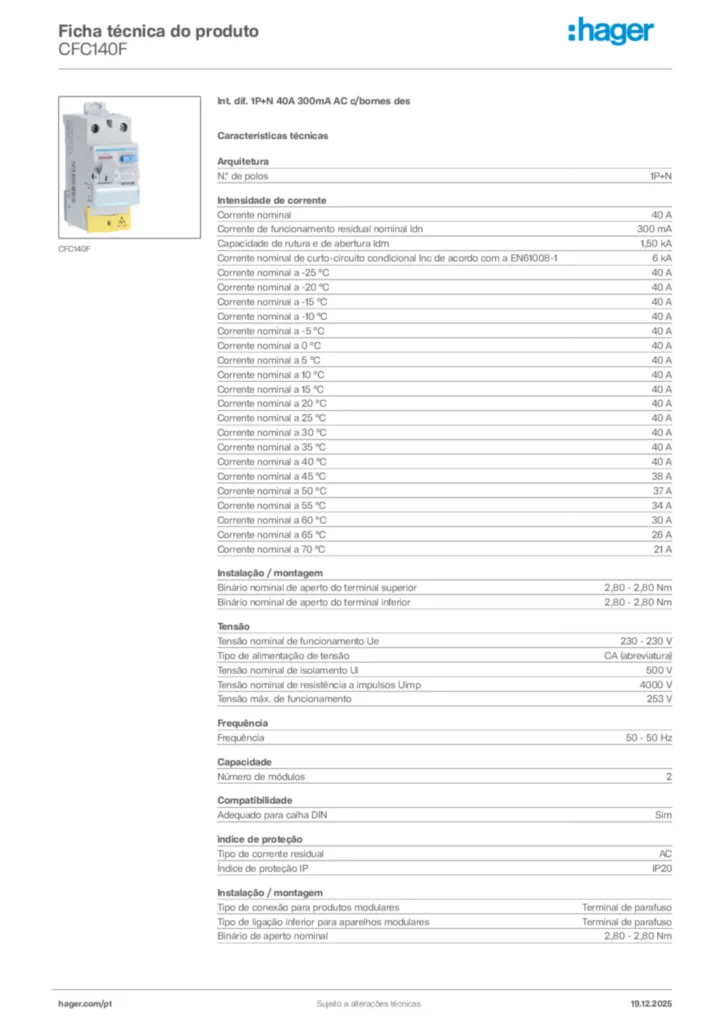 Imagem Hager Ficha técnica do produto CFC140F | Hager Portugal