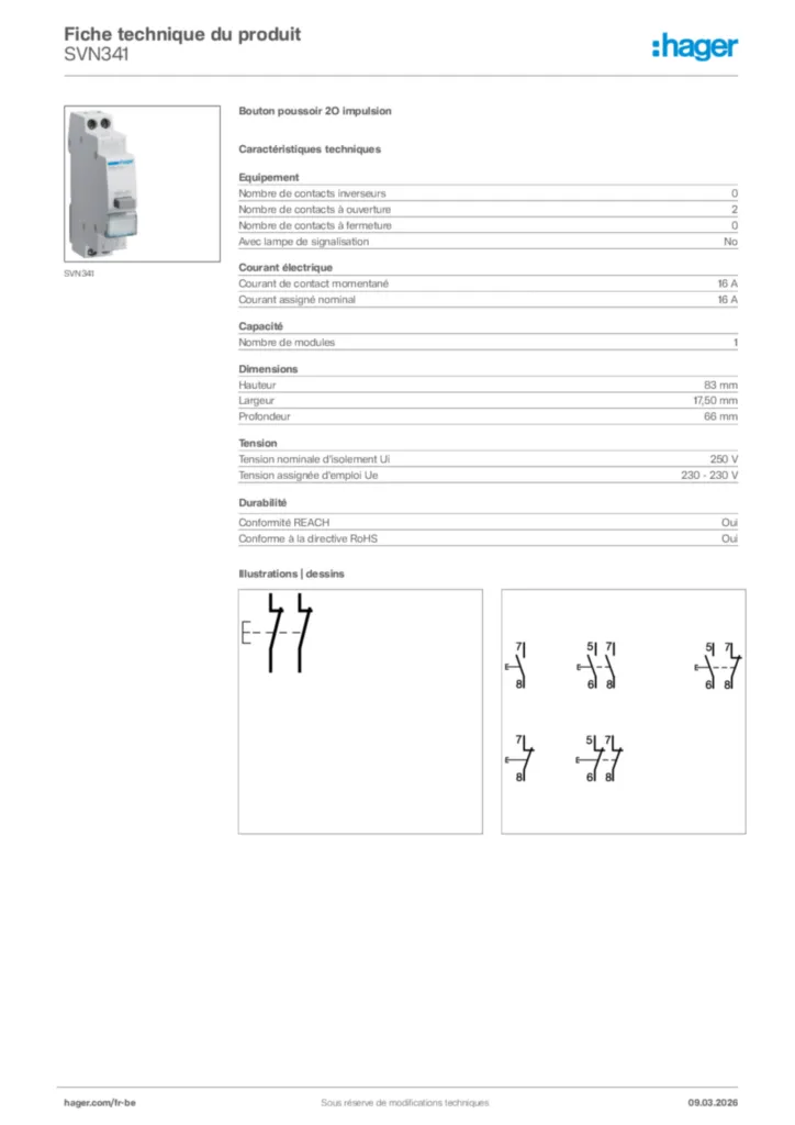Image Hager Fiche technique du produit SVN341 | Hager Belgique