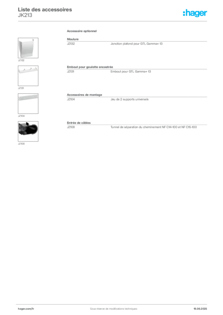 Image Hager Fiche technique du produit JK213 | Hager France