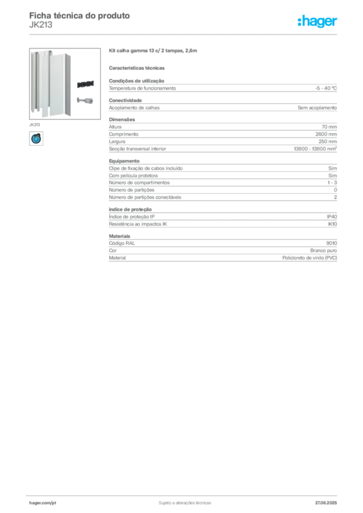 Imagem Hager Ficha técnica do produto JK213 | Hager Portugal