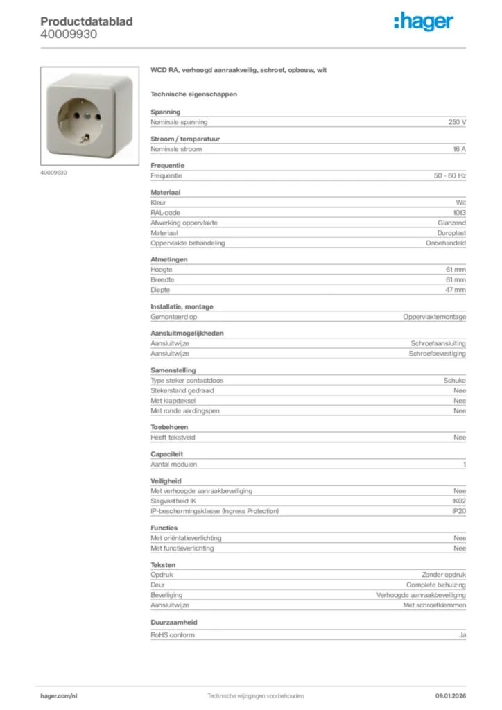 Afbeelding Hager Productdatablad 40009930 | Hager Nederland