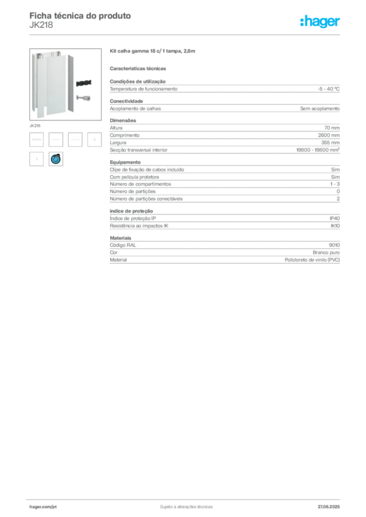 Imagem Hager Ficha técnica do produto JK218 | Hager Portugal