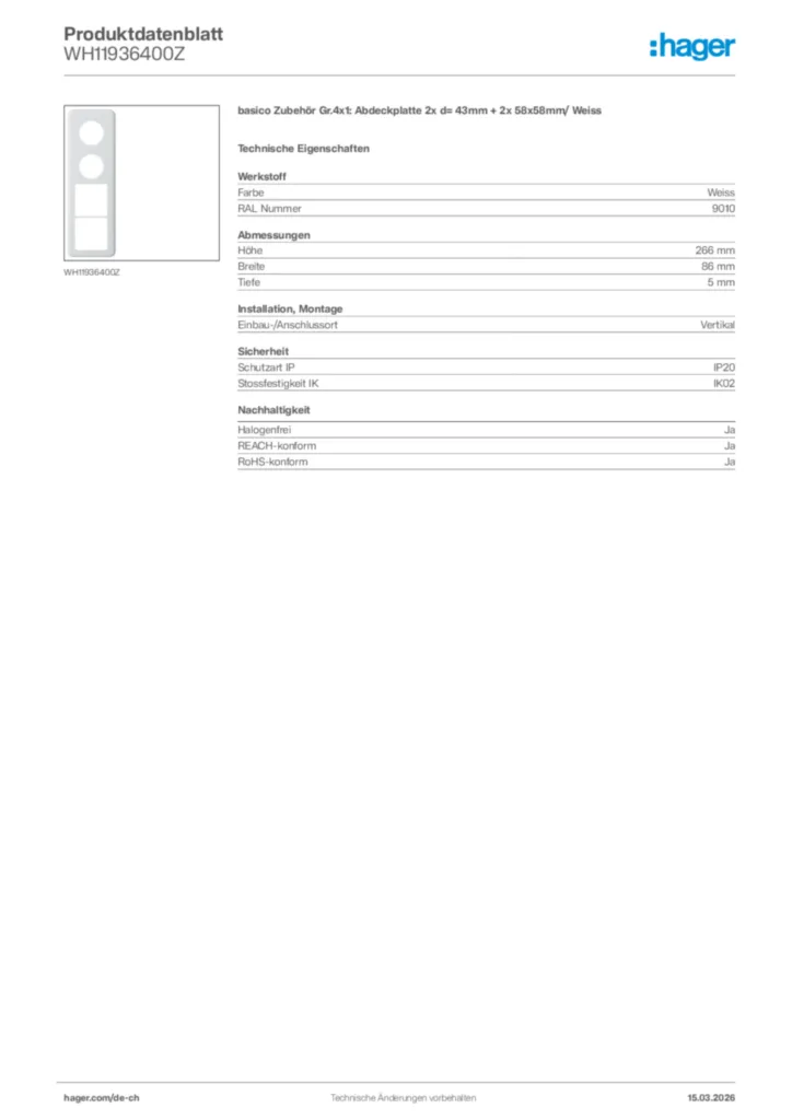 Bild Hager Produktdatenblatt WH11936400Z | Hager Schweiz