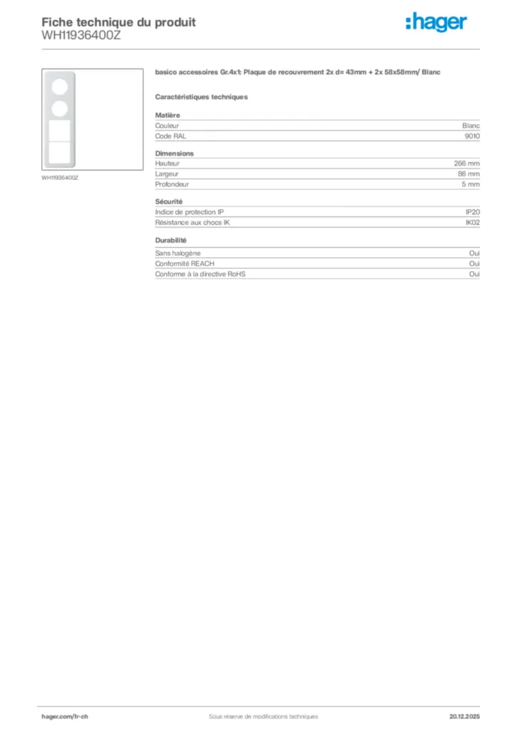Image Hager Fiche technique du produit WH11936400Z | Hager Suisse