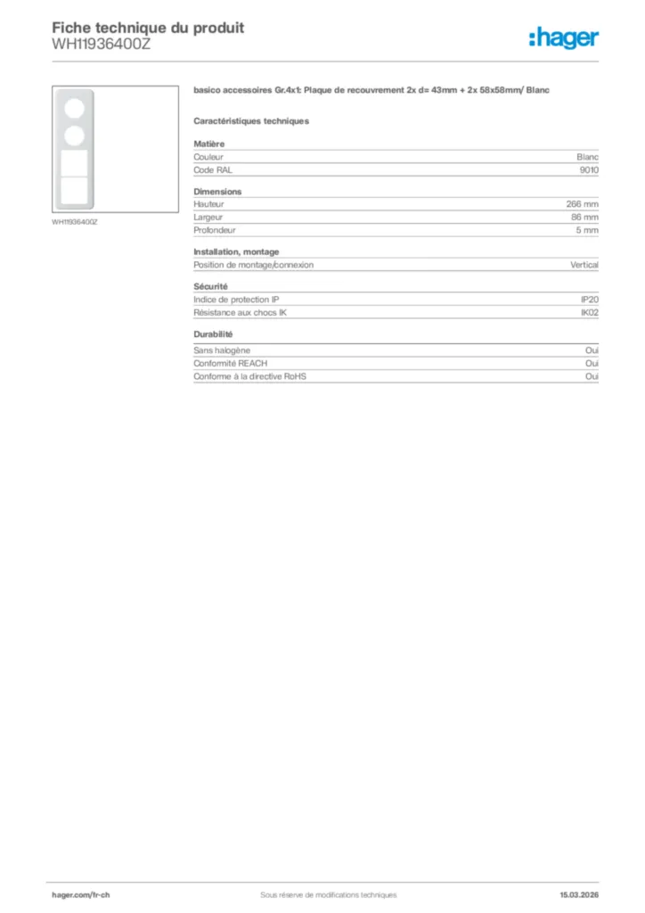 Image Hager Fiche technique du produit WH11936400Z | Hager Suisse