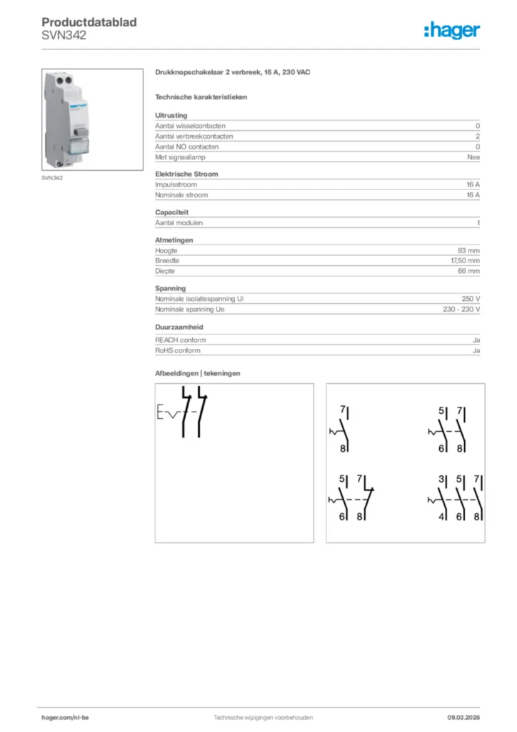 Afbeelding Hager Productdatablad SVN342 | Hager Belgium