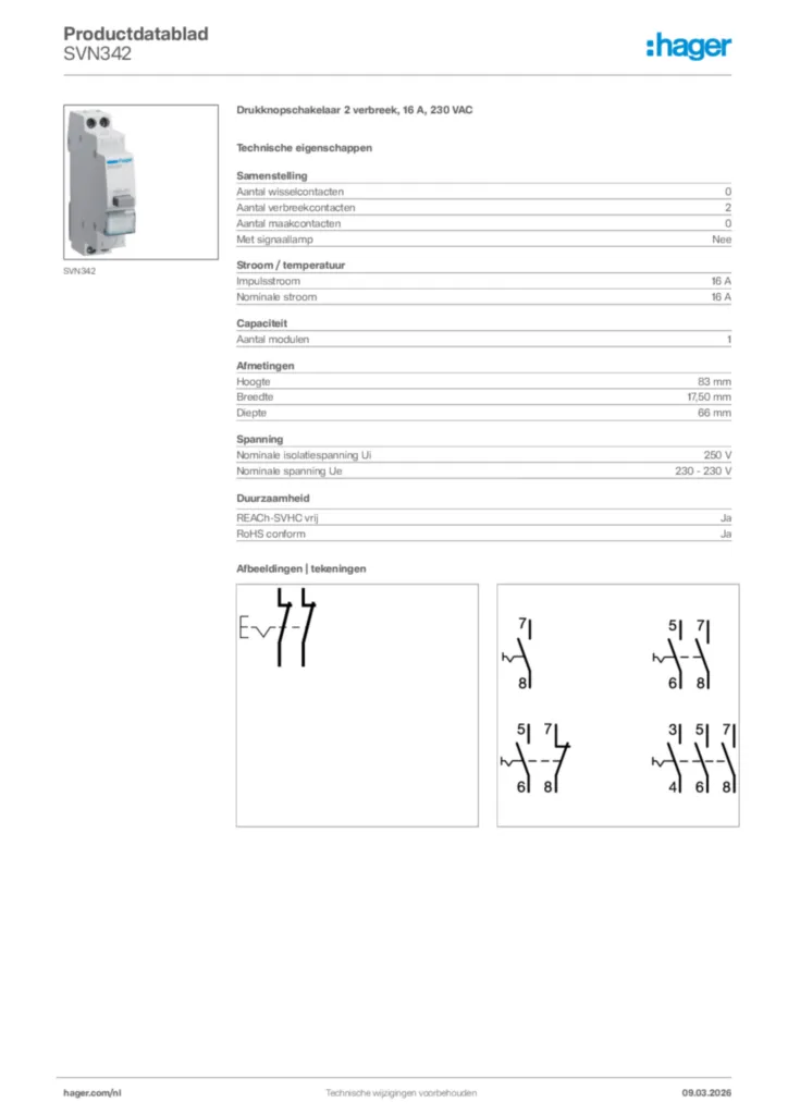 Afbeelding Hager Productdatablad SVN342 | Hager Nederland