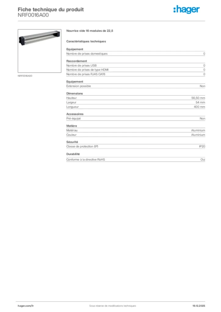 Image Hager Fiche technique du produit NRF0016A00 | Hager France