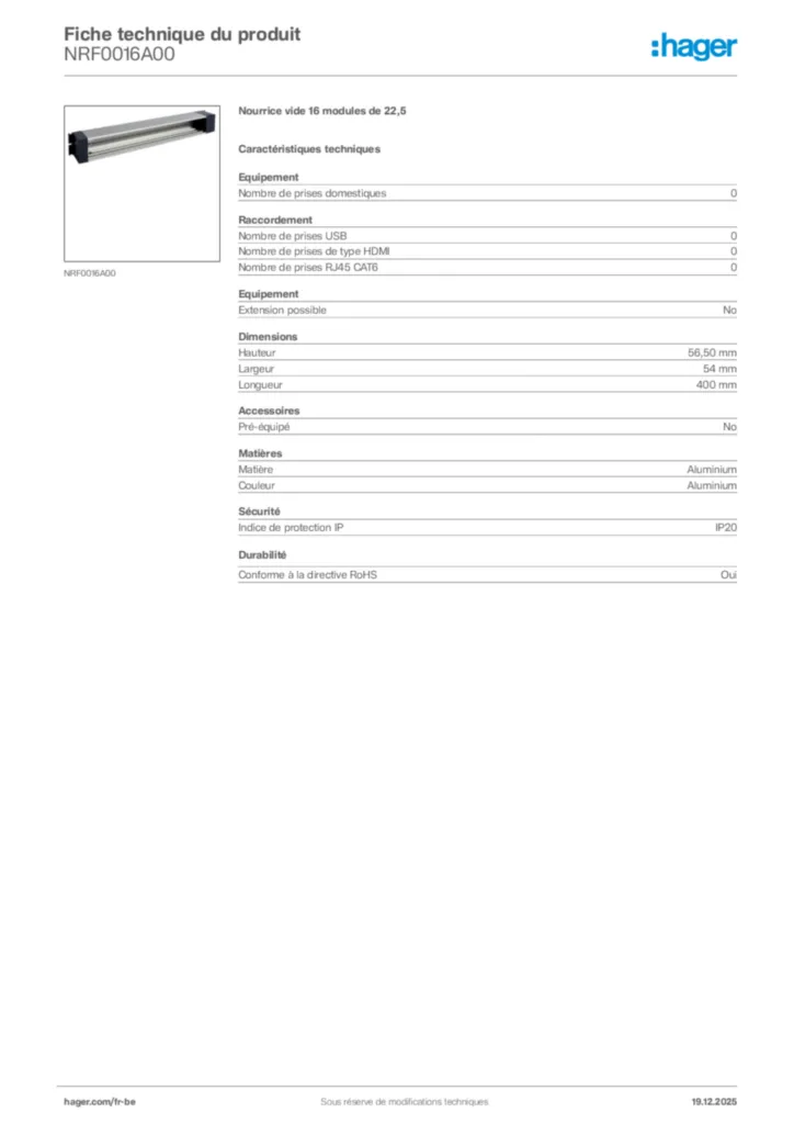Image Hager Fiche technique du produit NRF0016A00 | Hager Belgique